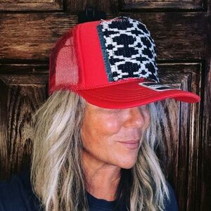 Red Trucker Hat with Black and White Patch